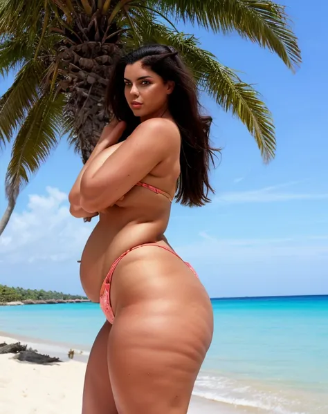 (masterpiece, best quality, high resolution), detailed skin, 1girl, solo, big belly, wide hips, thick thighs, round butt, bikini, beach, 