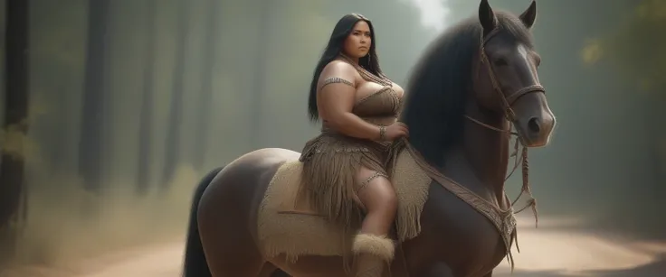 ((masterpiece)), ((best quality)), ((highres)), ((extremely detailed)), ((long shot, back view)), 1 black skinned large BBW girl as Pocahontas costume, full body, Beautiful Native American woman, mature woman, Big breast, (super realistic), (peerless beaut...