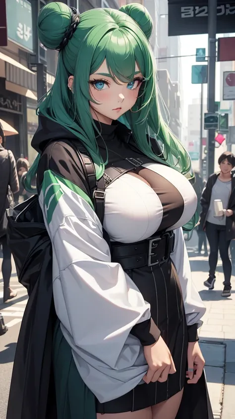 Young female, curvy body, DDD size breasts, dark green hair in two buns, light blue eyes, beautiful, vertical labret piercing, wearing Korean street style clothes. 