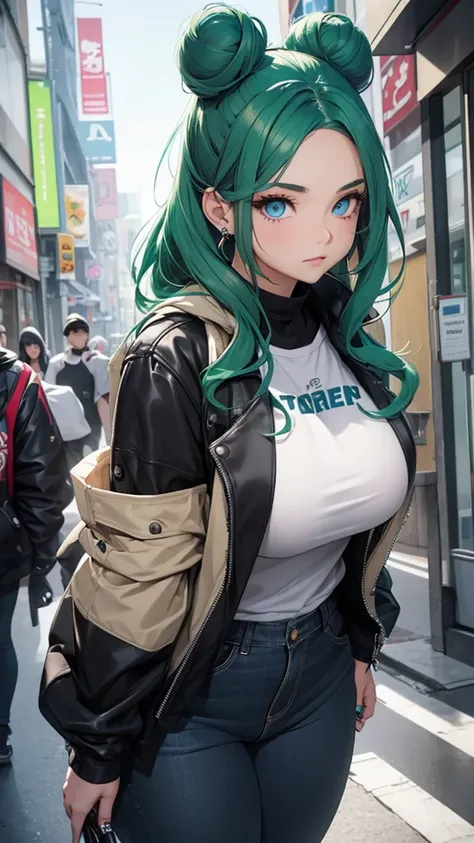 Young female, curvy body, DDD size breasts, dark green hair in two buns, light blue eyes, beautiful, vertical labret piercing, wearing Korean street style clothes. 