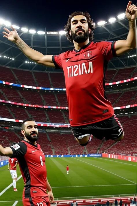 Please create a picture of me in the Türkiye EM jersey with Arda Güler in the middle of the stadium.