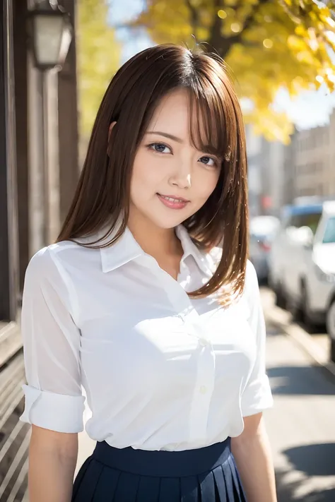 (Highest quality、Tabletop、8K、Best image quality、Award-winning works)、Cute school girl、(White polyester collared shirt:1.1)、(Navy Pleated Skirt:1.1)、Girl portrait photography、Glowing Skin、Brown Hair、Standing Elegantly、(The simplest blurred city street backg...