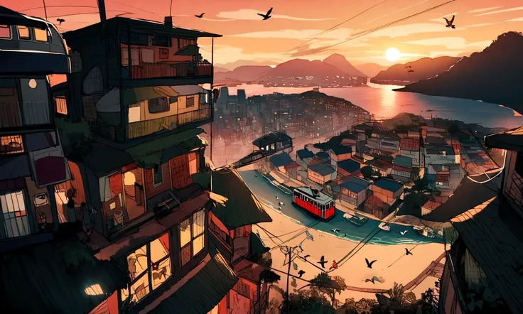 
beach, sunset, favelas, rio de janeiro, brazil, cable car, samba mountains, birds in the sky, house, building