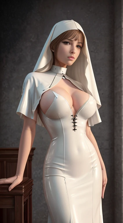 a latex nun, a white latex nuns dress, 1girl, breasts barely covered by the fabric, shapely body, in a church, beautiful detailed eyes, beautiful detailed lips, extremely detailed face, long eyelashes, (best quality,4k,8k,highres,masterpiece:1.2),ultra-det...