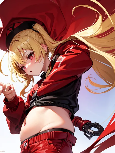 A blonde high ponytail girl wearing a red windbreaker，Wearing black clothes and fluffy pants，Red pupil，whole body，White background