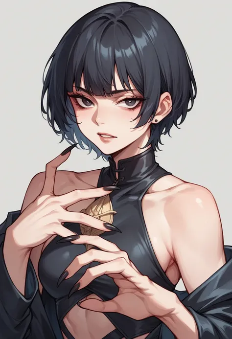 beautfull woman, short black hair with bangs, black sharp nails