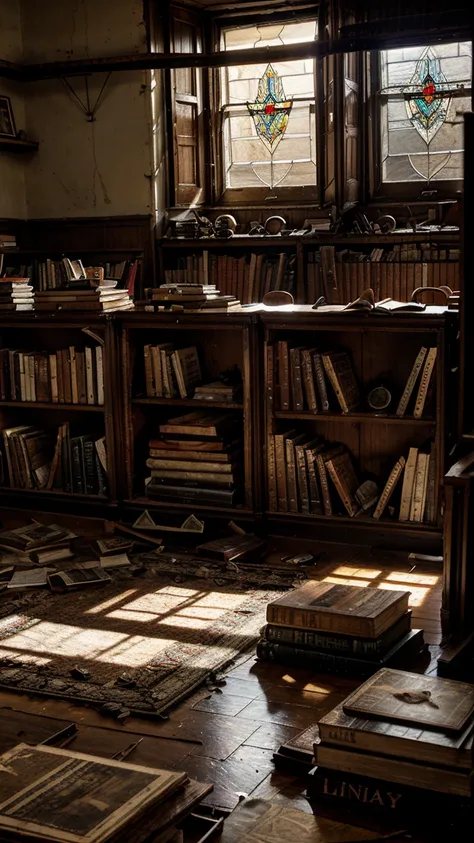 Collapsed library, wooden shelves filled with old and dusty books, many of them fallen and with pages torn out, a large desk with a broken lamp, worn wood panel walls, an old and dirty rug covering the floor, windows with broken stained glass