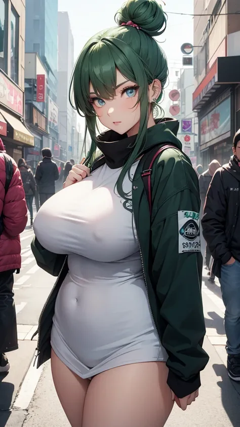 Young female, curvy body, DDD size breasts, dark green hair in two buns, light blue eyes, beautiful, vertical labret piercing, wearing Korean street style clothes. 