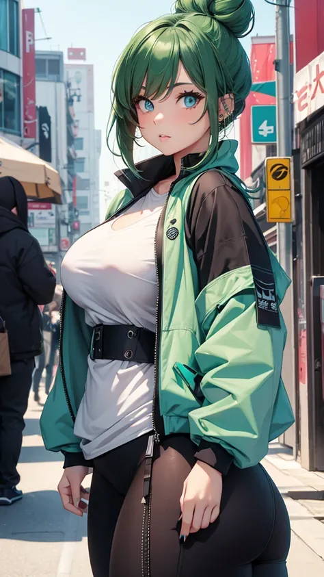 Young female, curvy body, DDD size breasts, dark green hair in two buns, light blue eyes, beautiful, vertical labret piercing, wearing Korean street style clothes. 