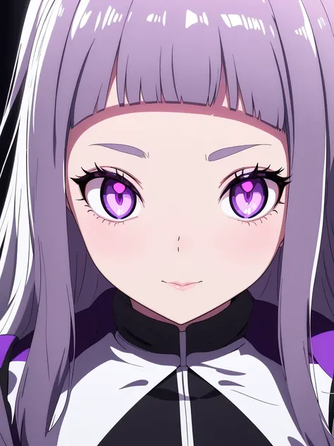 loli,a close up of a person with purple eyes and a black and white outfit, a character portrait inspired by Puru, tumblr, process art, with glowing purple eyes, with glowing yellow eyes, anime style 4 k, ilya kuvshinov face, black anime pupils in her eyes,...