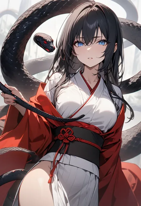 A woman, fair skin, black hair, blue eyes, black snake on the lower half of her body, wearing a plain white kosode with a red haori and obi, snake, masterpiece, top quality