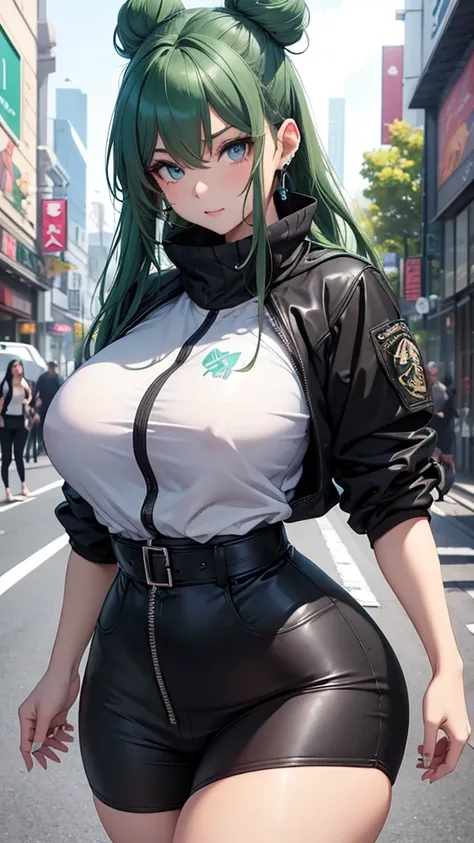 Young female, curvy body, DDD size breasts, dark green hair in two buns, light blue eyes, beautiful, vertical labret piercing, wearing Korean street style clothes. 