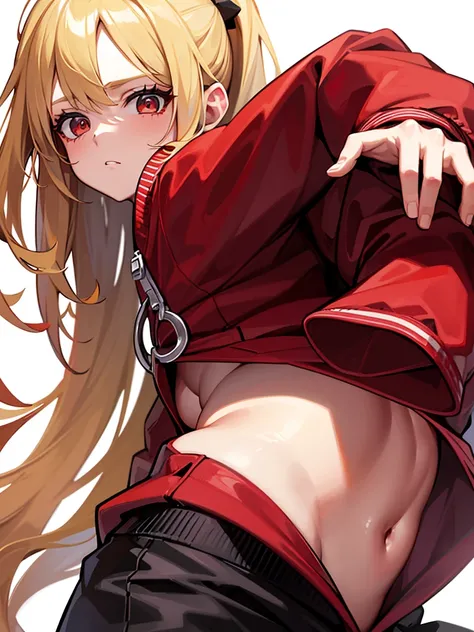 A blonde high ponytail girl wearing a red windbreaker，Wearing black clothes and fluffy pants，Red pupil，whole body，White background
