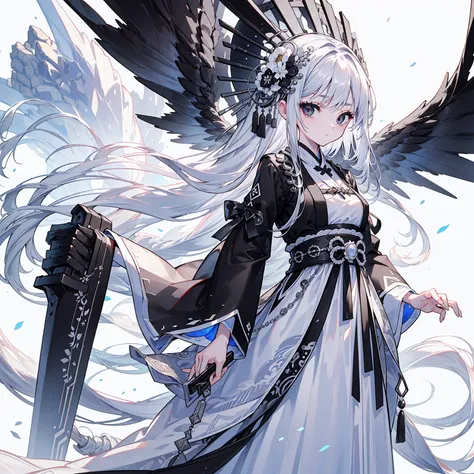 (Top image quality)、(Ultra Detailed)、(Facing forward)、top quality、masterpiece、(((1 girl)))、Silver Hair、white hair、((Long hair))、(black eyes:1.6)、(Hanfu)