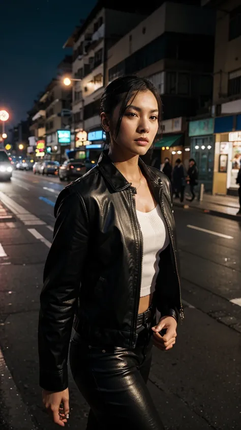 A handsome Hong Kong mafia boss is walking coolly with a gang of mafia, wearing a shiny black leather jacket, Undercut hair is combed neatly, night road background, real photo, professional photo, clear photo, realistic photo, full HD, 4k 