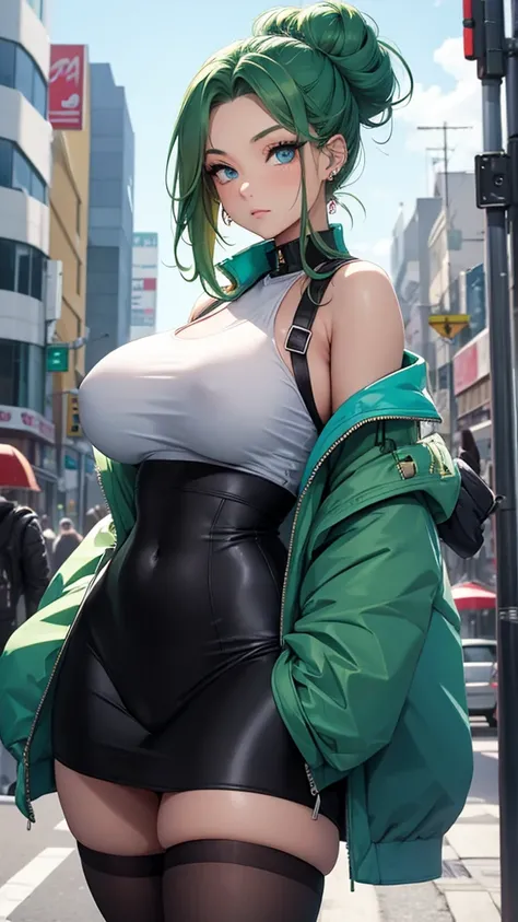 Young female, curvy body, DDD size breasts, dark green hair in two buns, light blue eyes, beautiful, vertical labret piercing, wearing Korean street style clothes. 