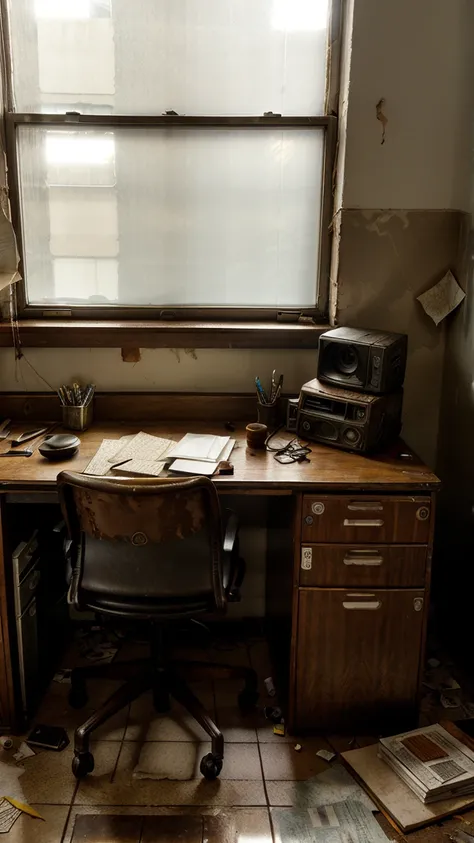 Abandoned office, wooden desk covered in dust and scattered papers, torn leather chair, open and rusty metal files, an old and broken computer, walls with faded, framed family photos, a window with broken blinds allowing dim light to enter