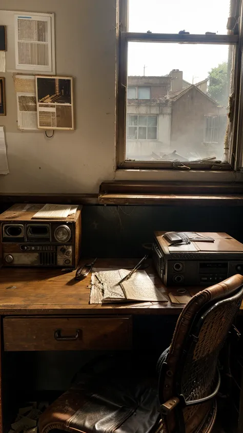 Abandoned office, wooden desk covered in dust and scattered papers, torn leather chair, open and rusty metal files, an old and broken computer, walls with faded, framed family photos, a window with broken blinds allowing dim light to enter