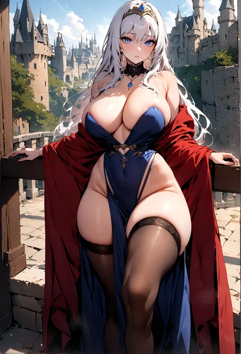 milf, 30 years old, (highres, masterpiece:1.2), white hair, robe, red robe, (large breasts), thick thighs, standing, pelvic curtain, tiara, thighhighs, v-neck, strapless dress, blue eyes, expressionless, long hair, castle in background, balcony