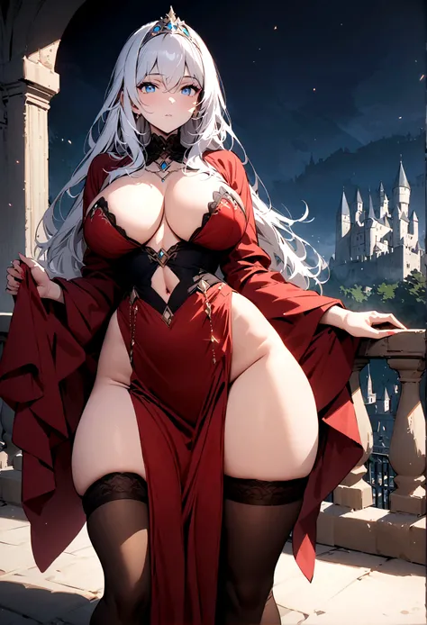 milf, 30 years old, (highres, masterpiece:1.2), white hair, robe, red robe, (large breasts), thick thighs, standing, pelvic curtain, tiara, thighhighs, v-neck, strapless dress, blue eyes, expressionless, long hair, castle in background, balcony