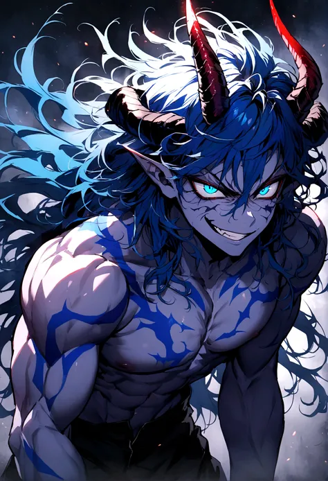 Teenage boy, light red skin, horns curved forward, Messy hair, long hair, multicolored black and blue hair, shining blue eyes, muscular chest with blue tattoos, evil grin