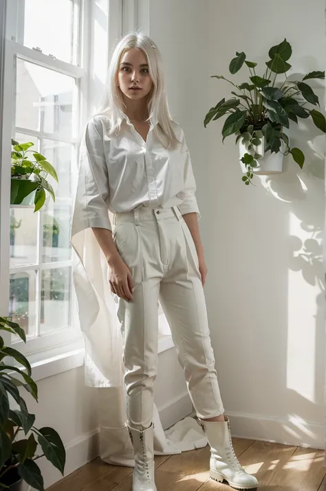 a white-haired girl wearing a shirt, trousers and boots and wearing a white cape sat near the window with green light from plants shining through