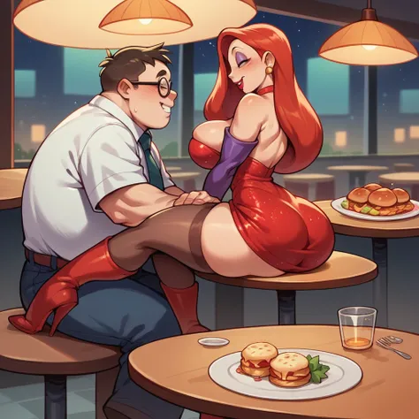 Jessica Rabbit is having breakfast with a fat young man. She wears a red dress and long boots, she has big tits and a big ass, he wears a shirt and tie, there is a delicious breakfast on the table, they are happy, small restaurant, night