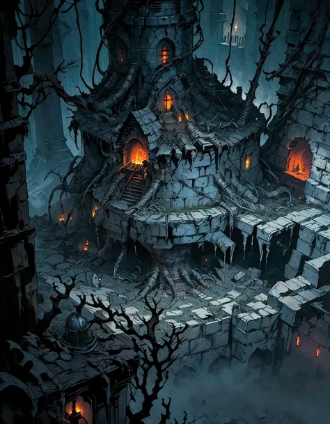 a close up of a building with a fire in the middle of it, dark souls concept art, sewer background, photorealistic dark concept art, ancient dungeon, dungeon background, highly detailed concept art, eerie nostalgic concept art, darksouls concept art, dark ...