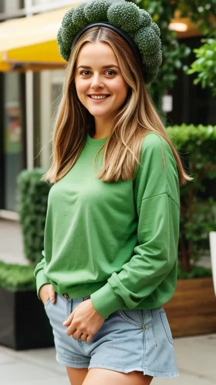 Alicia Silverstone wearing broccoli clothing and smiling