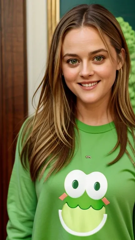 Alicia Silverstone wearing broccoli clothing and smiling