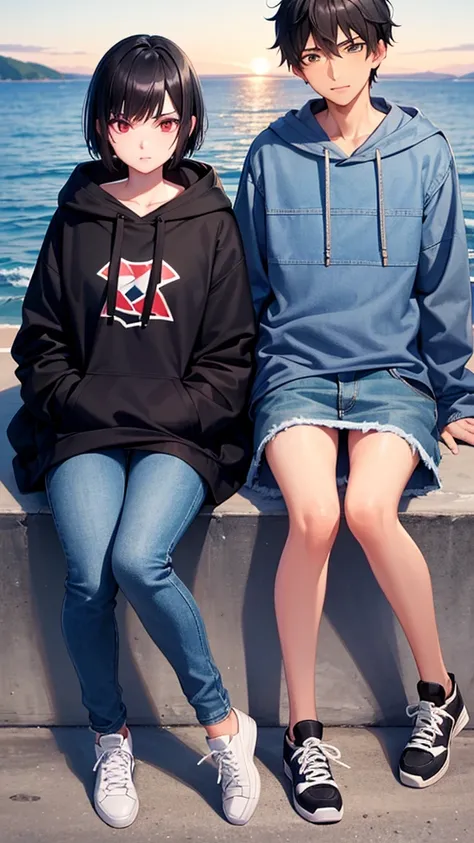 “A 17-year-old boy with black hair and a 17-year-old girl with short black hair, both wearing matching hooded sweatshirts and matching denim jeans, sitting on a harbor breakwater watching the sunset. Both are wearing sneakers. The scene is illuminated like...