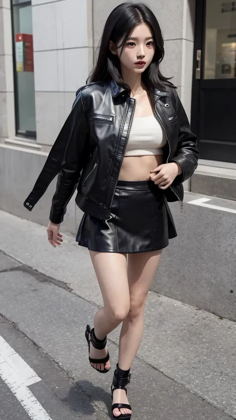 Japanese girl wearing a black leather jacket, black short skirt, wearing sandals, has six pack abs, long black hair, 8k style