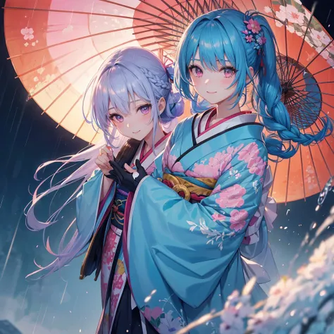 sky Blue hair, (braided ponytail),(pink eyes),fair skin ,(full body),(1 girl),smile,Straight Bangs,(masterpiece, best quality, ultra-detailed, best shadow), (detailed background), (beautiful detailed face), high contrast, (best illumination, an extremely d...