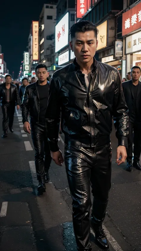 A handsome Hong Kong mafia boss is walking coolly with a gang of mafia, wearing a shiny black leather jacket, Undercut hair is combed neatly, night road background, real photo, professional photo, clear photo, realistic photo, full HD, 4k 