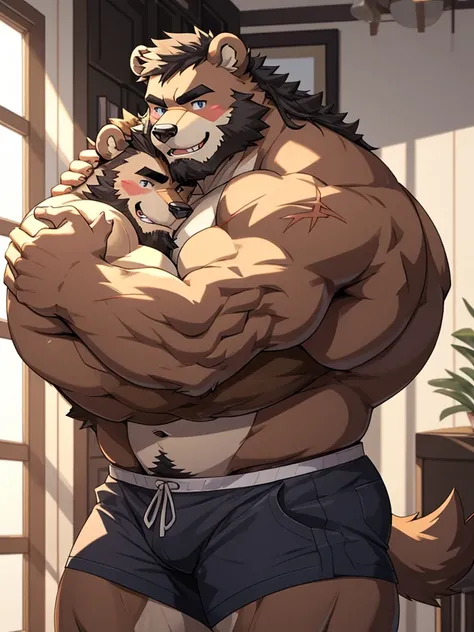 4k, high resolution, best quality, perfect colors, perfect shadows, white background, 2boy, mature male, 40s, bara, beard, thick eyebrows, furry, bear, tail, brown fur, shirtless, shorts, long hair, looking at each other, blushing, shy, smiling, laughing, ...