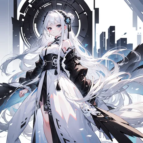 (Top image quality)、(Ultra Detailed)、(Facing forward)、top quality、masterpiece、(((1 girl)))、Silver Hair、white hair、((Long hair))、(black eyes:1.6)、(Hanfu)