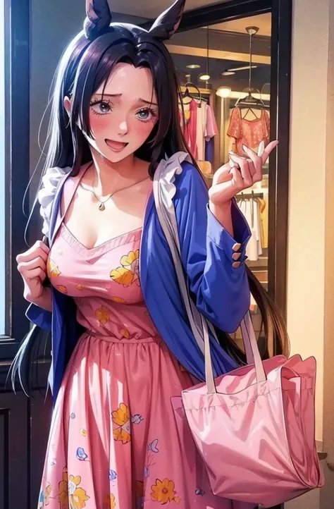 special_week_(umamusume), fudangi, hairclip, blue jacket, open jacket, print dress, pink dress, window shopping, small breasts, highres, upper body, smile, white backpack, solo, beast quality