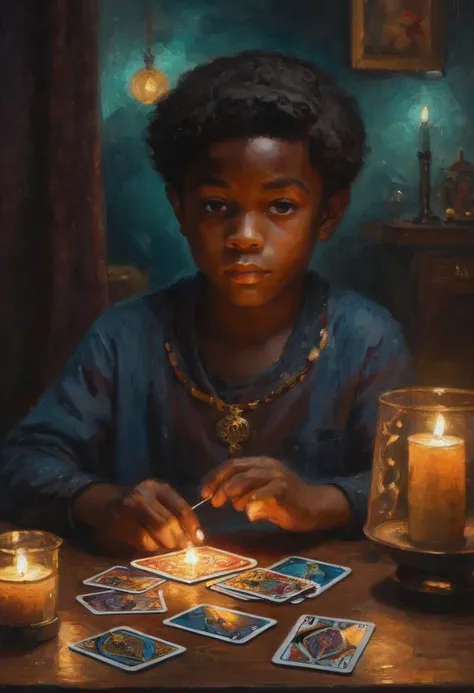 Impressionism, Practical, 1 boy, fortune teller, Tarot cards on the table, Looking at the audience, Dark Skin, mystery, magic, glow, glowing, dark magic lighting, Moody, Movie, spark, sparkling, dark