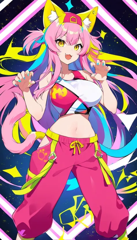 anime style girl with long pink hair doing a hip hop dance, 1girl, solo, pink hair, breasts, tail, animal ears, long hair, yello...