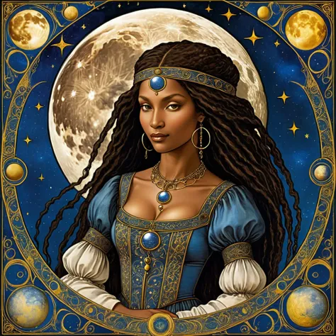 imageio "tarot card: the moon" (imageio feita por leonardo da vinci) (black ethnicity) renaissance style