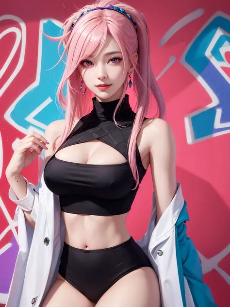 (Masterpiece, best quality, 1 girl, alone, complicated details, Chromatic aberration), realistic, ((Moderate breath)),long hair, pink hair, Red headpiece, Pink Highlights, hair on one eye,purple eyes, earring, sharp eyes, choker, Neon coat, She wears a col...