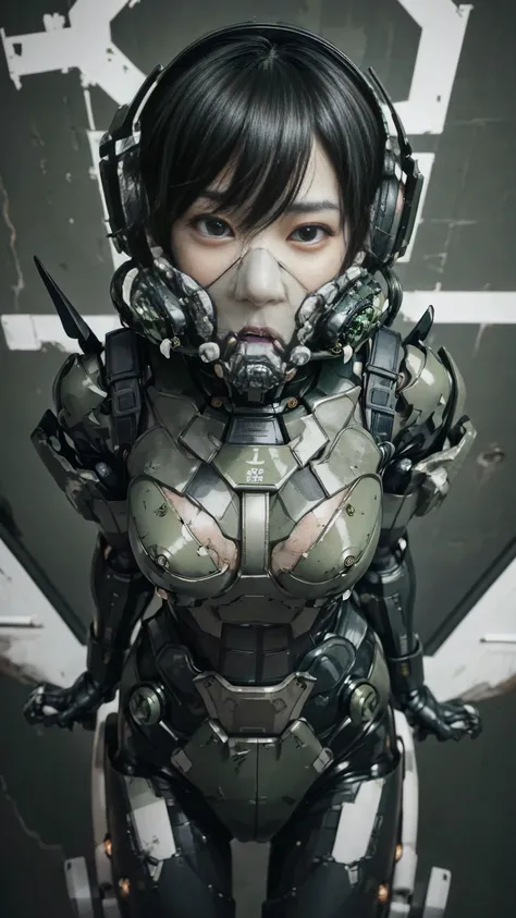 Rough skin, Very detailed, Advanced Details, high quality, 最high quality, High resolution, 1080P 、Bleeding from the wound、Sexy Eyes、Wearing green and black、cute((The whole body is sweating))(Equipped with a damaged battle suit....)(Dark green armor)(Broken...