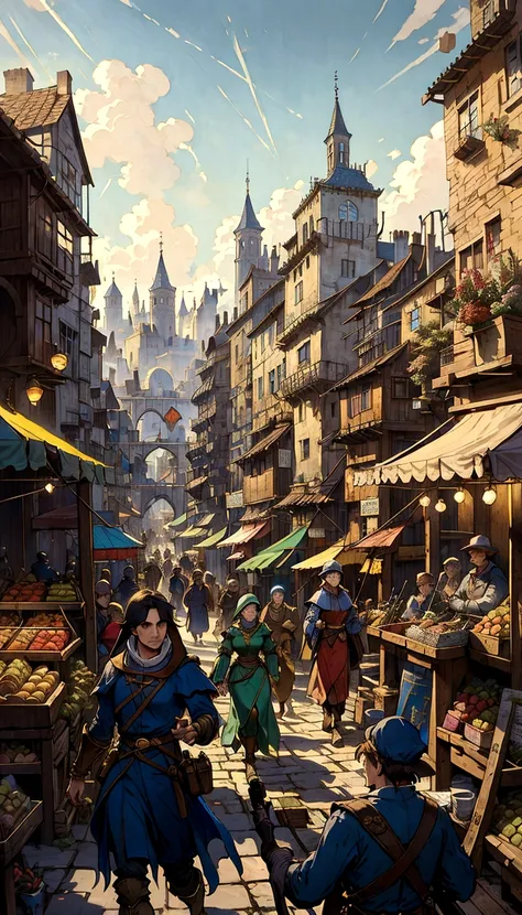 a painting of a market with people walking around it, martin raphael lacoste, style of raphael lacoste, inspired by Raphael Lacoste, by Raphael Lacoste, karl spitzweg. unreal engine, medieval fantasy game art, medieval city, by Aleksander Gine, medieval co...