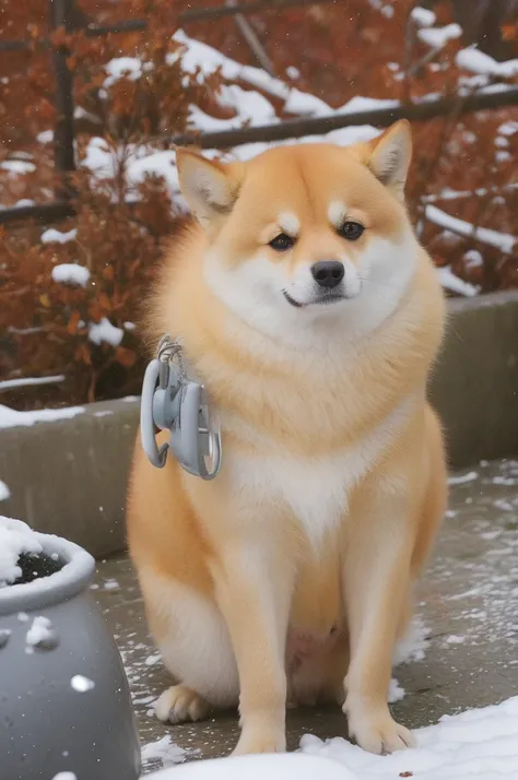 a Shiba Inu dog, adorned with a warm, orange scarf, sitting amidst a snowy environment. The dog appears to be enjoying the snowfall, with its eyes closed and a content expression on its face. Surrounding the dog are various objects, including a pot with a ...