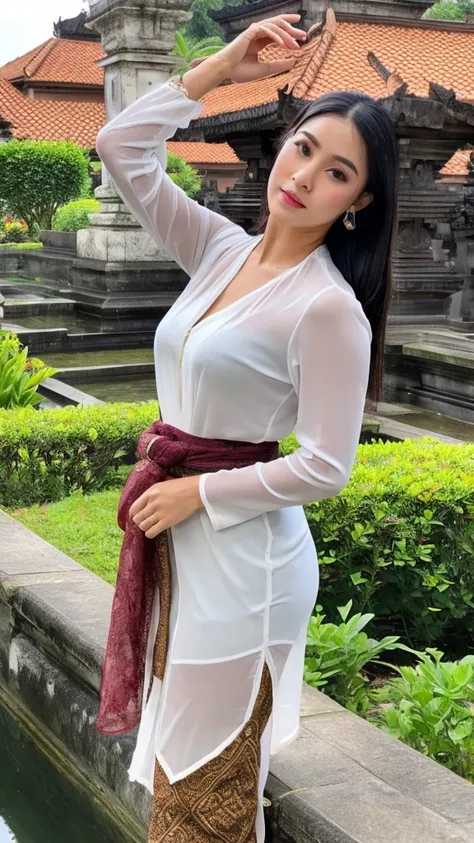 masterpiece, ultra realistic,32k,intricate details, sharp focus, realistic, closed, seductive pose, black eyes, jewelr, lips, realistic, looking_at_viewer, irene1, wet skin, shiny skin, long sleeves, indonesian clothes, bali, balinese, cityscape, dynamic p...