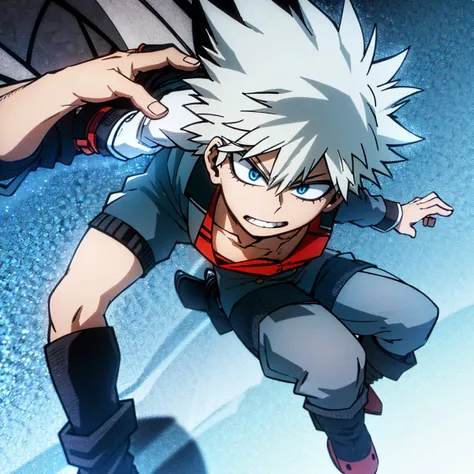 1boy, male focus, solo, muscular body, short hair, spiky hair, white hair, blue eyes, gray jacket, red tie, white shirt, teal pants, boots, handsome 