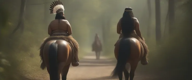 ((masterpiece)), ((best quality)), ((highres)), ((extremely detailed)), ((long shot, back view)), 1 black skinned large BBW girl as Pocahontas costume, full body, Beautiful Native American woman, mature woman, Big breast, (super realistic), (peerless beaut...