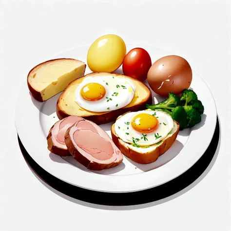 ((best quality)), ((masterpiece)), (detailed), loose water color style, minimalist, create a picture of healthy food on a plate. The food consist of, Eggs, bread, potatoes, glass of milk, meat, chicken meat, some vegetables, against brilliant white backgro...