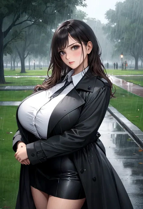 beautiful busty milf in black trench coat, standing in a park, rainy day, photorealistic, masterpiece, cowboy_shot, giga_busty, ...