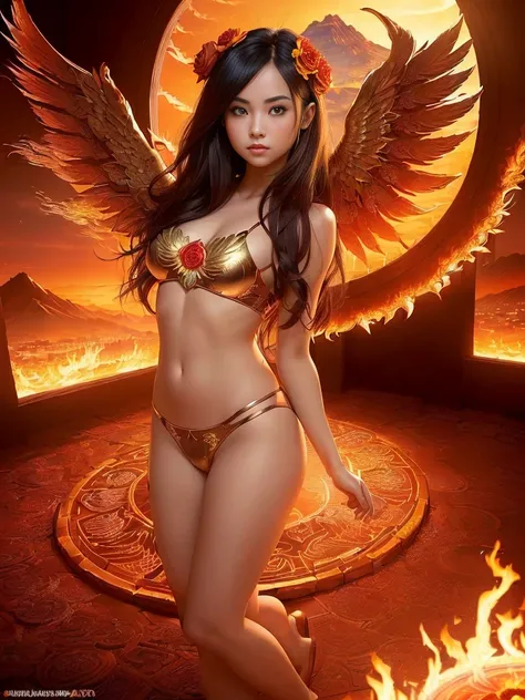 (((work of art, best qualityer: 1.2), A girl with phoenix wings standing in a ring of fire, beautiful and symmetrical face, with bright red eyes, phoenix, lotus flowers, red rose gold, gold mini underwear, Mountain sunrise to the bottom, Ancient porcelain ...